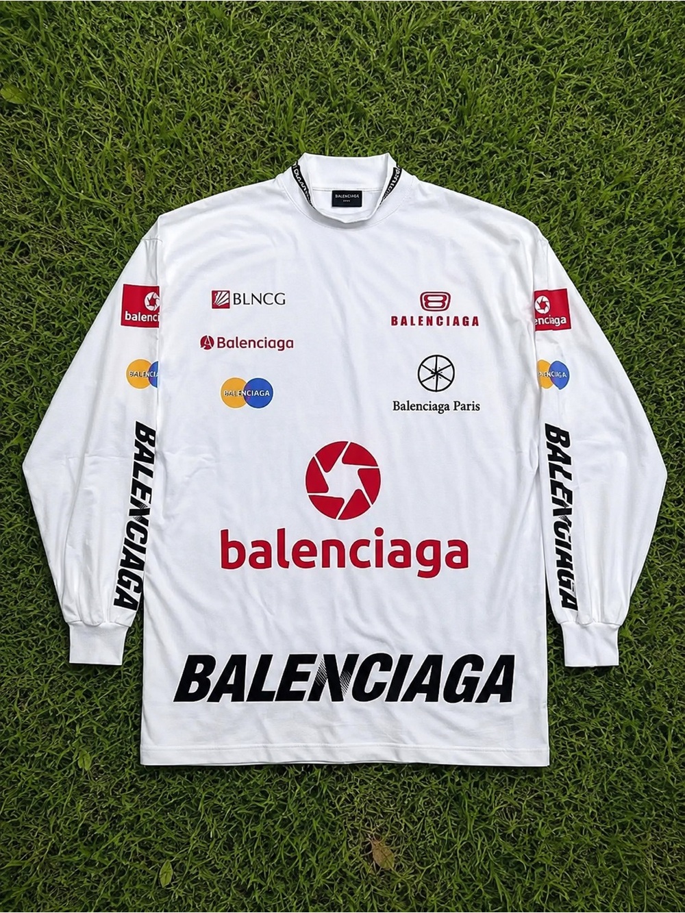 Balenciaga White Long Sleeve Logo Patch Tee with Red and Black Prints